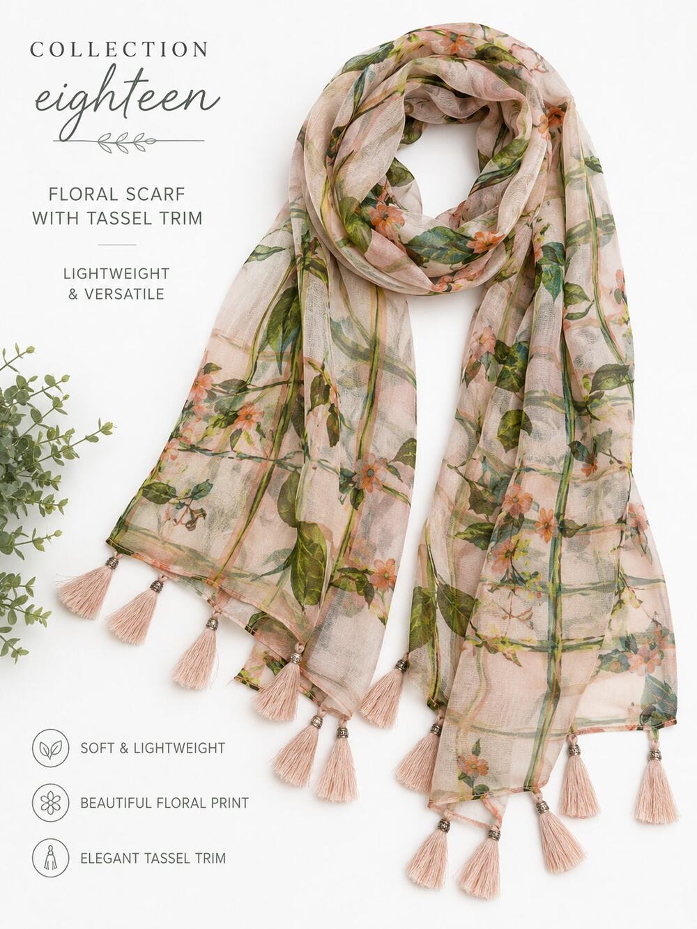 Collection Eighteen Botanical Floral Tassel Scarf Floral Lightweight Wrap